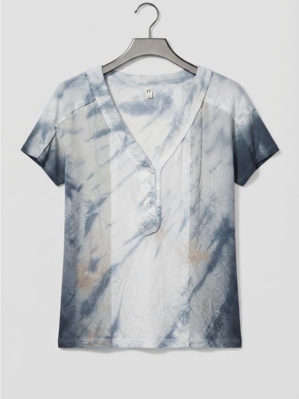 POL Tie-Dye Short Sleeve Henley Top - Blue/White